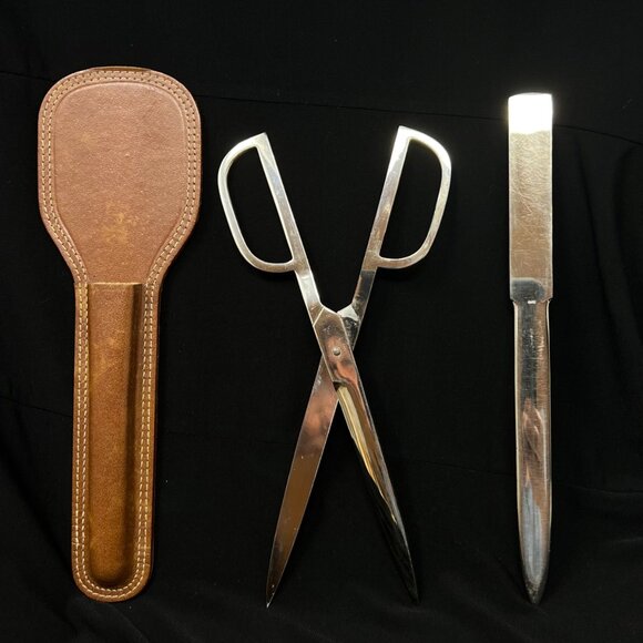 German Italy Vtg Scissor Letter Opener Faux Leather Desk Set Shaped Holder - Picture 1 of 7